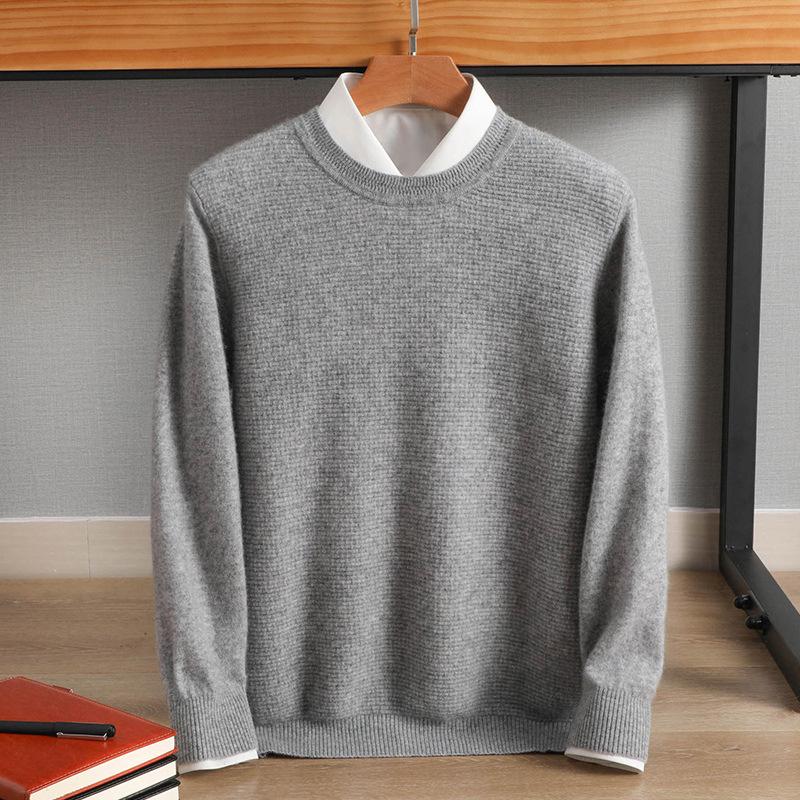 Men's 2022 Pure Wool Knitted Crew Neck Sweater - Long Sleeve, Loose Fit, Mature Casual Jumper