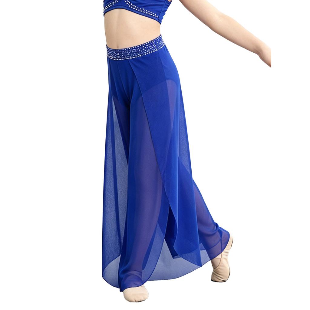 Kids Girls Lyrical Dance Pants Shiny Rhinestone Waistband Side Split Mesh Trousers for Stage Performance Competition