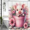 Pink Piglet, Flowered Iron Bucket Shower Curtain Washable Dirt-Resistant Shower Head Waterproof Polyester Bath Curtain