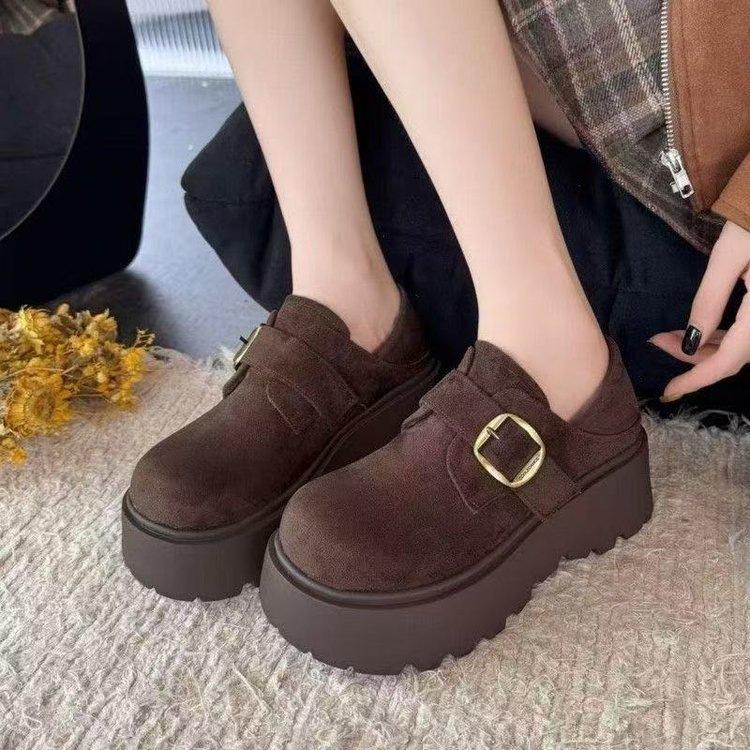 Muffin platform Birkenstocks autumn and winter new heightening shoes fleece warm small matte leather cotton shoes