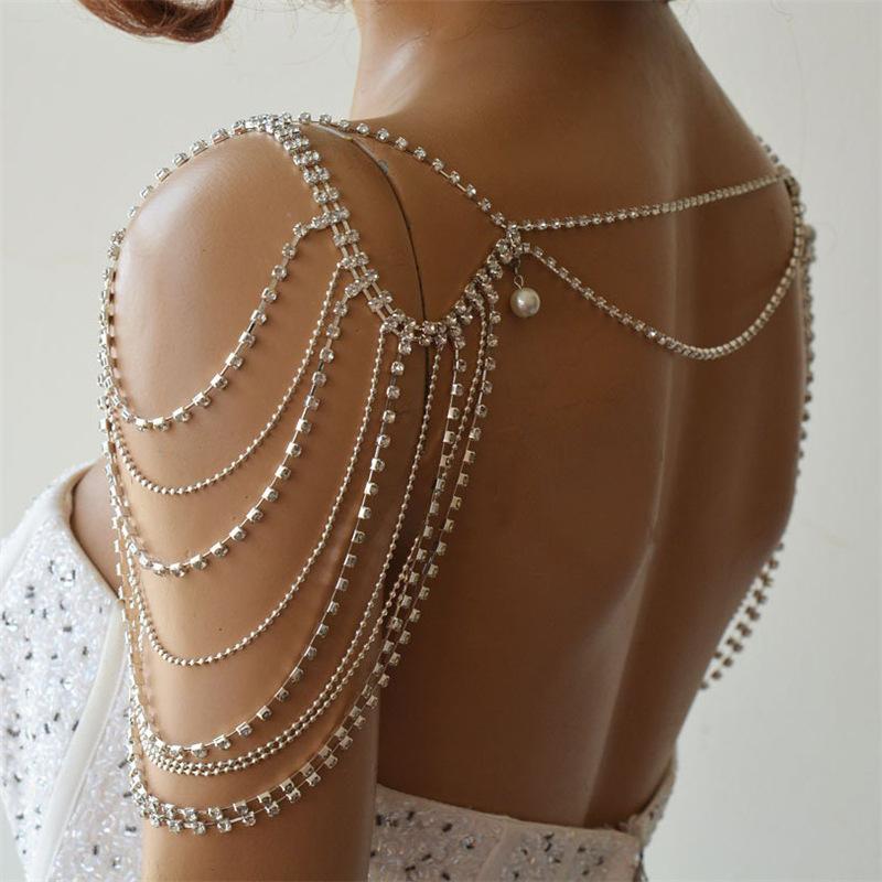 New Deluxe Multi-Layer Rhinestone Tassel Pearl Pendant Shoulder Chain Bridal Wedding Shiny Crystal Body Chain