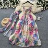 Women's Spaghetti Strap Floral Print Dress Elegant Summer Sleeveless Sashes Beach Party Long Dress