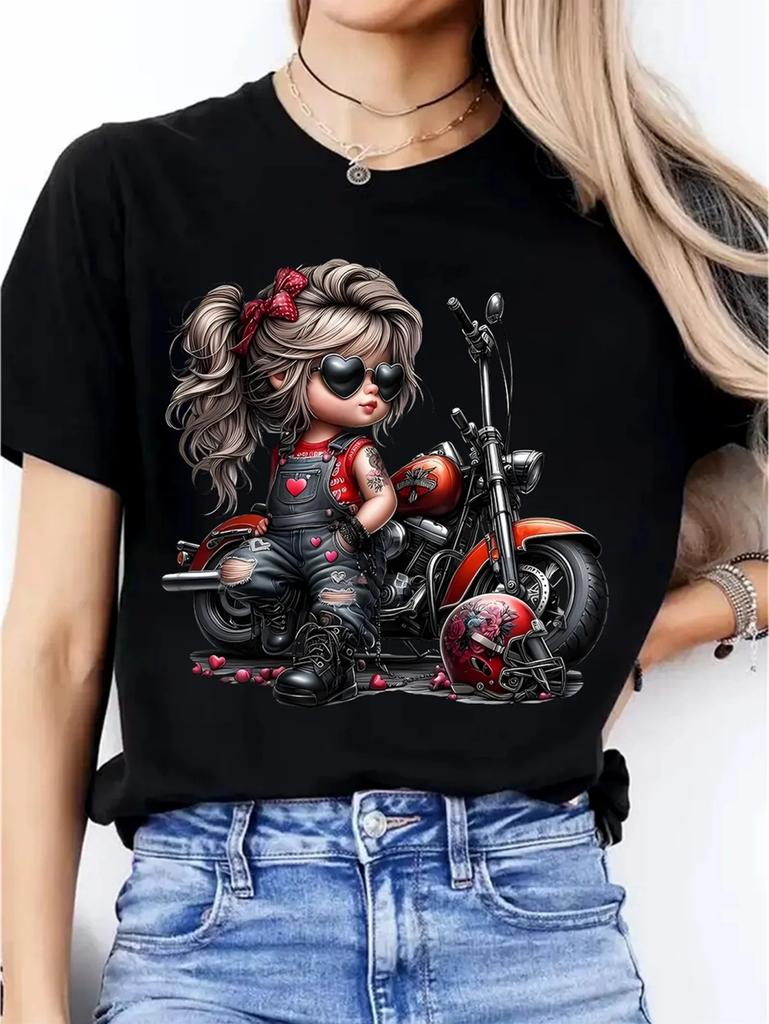Retro Motorrad Grafik T-Shirt für Damen Elegantes Süßes Design Rosa Frau Kurzarm Print Tee Sommer Rundhals Lässige Tops