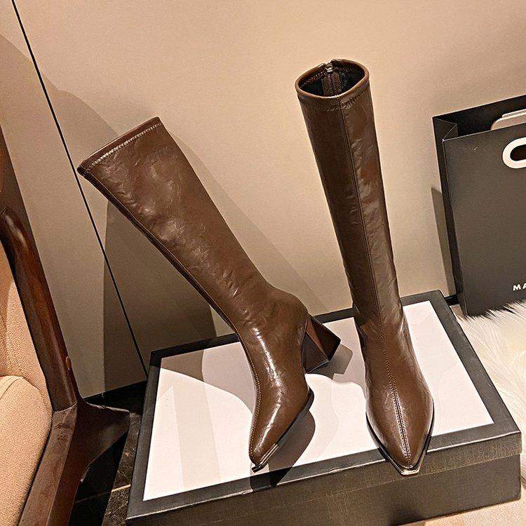 Fashion 2024 Chunk Leather Knee High Boots Women Pointer Toe Heels Shoes Woman Trend Chelsea Boots New Fad Pumps Mujer Snow  Botas