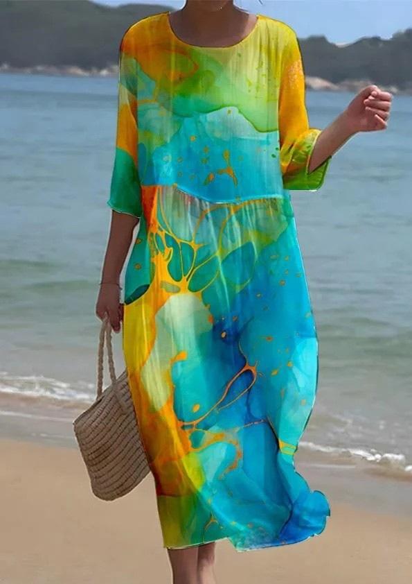 European and American New Large-size Dress Women's Clothing Seaside Vacation Printed Loose Long Dress