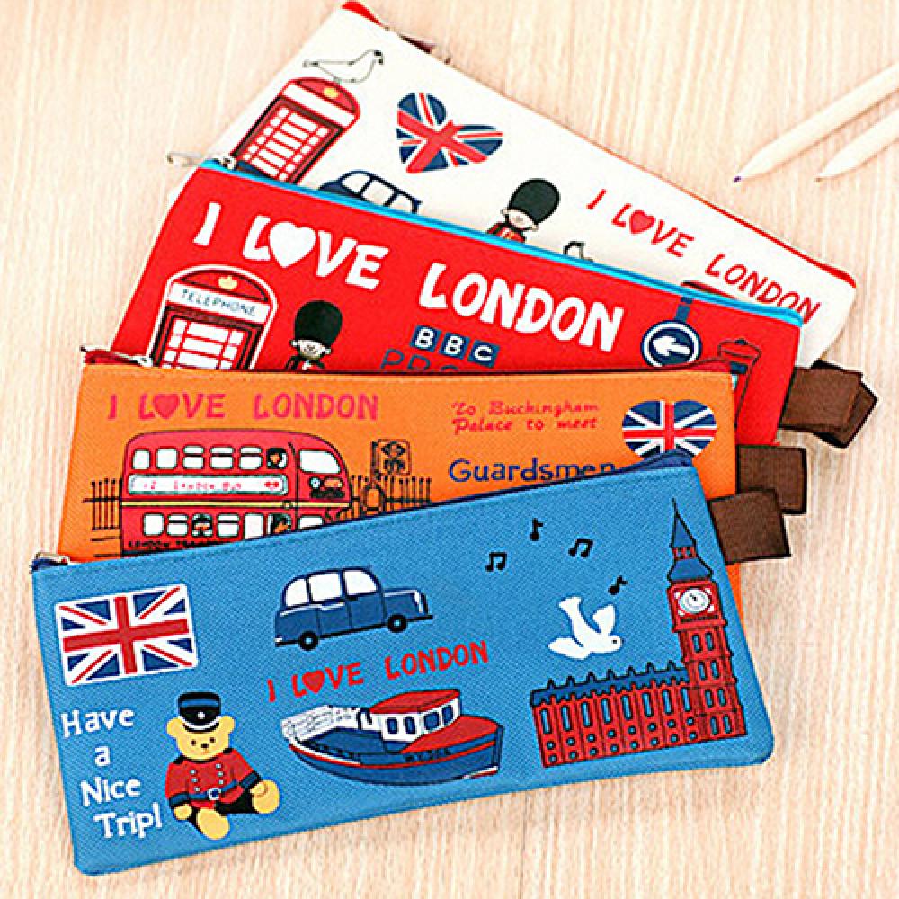 Pencil Bag Zipper Cartoon Pouch Students Pen Case London Style Cosmetic Coin Purse