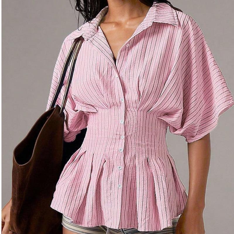 Summer New Women's Design Waist Shirt Casual Versatile Striped Pleated Slim Top
