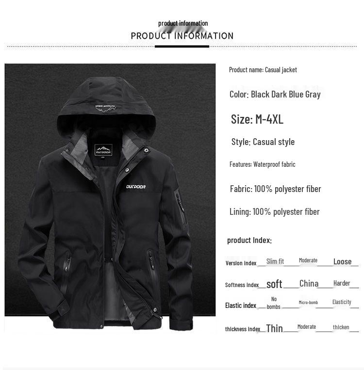 Men's Windproof Waterproof Fleece-Lined Jacket with Removable Hood for Autumn and Winter - Stain-Resistant Outdoor Mountaineering Outerwear.