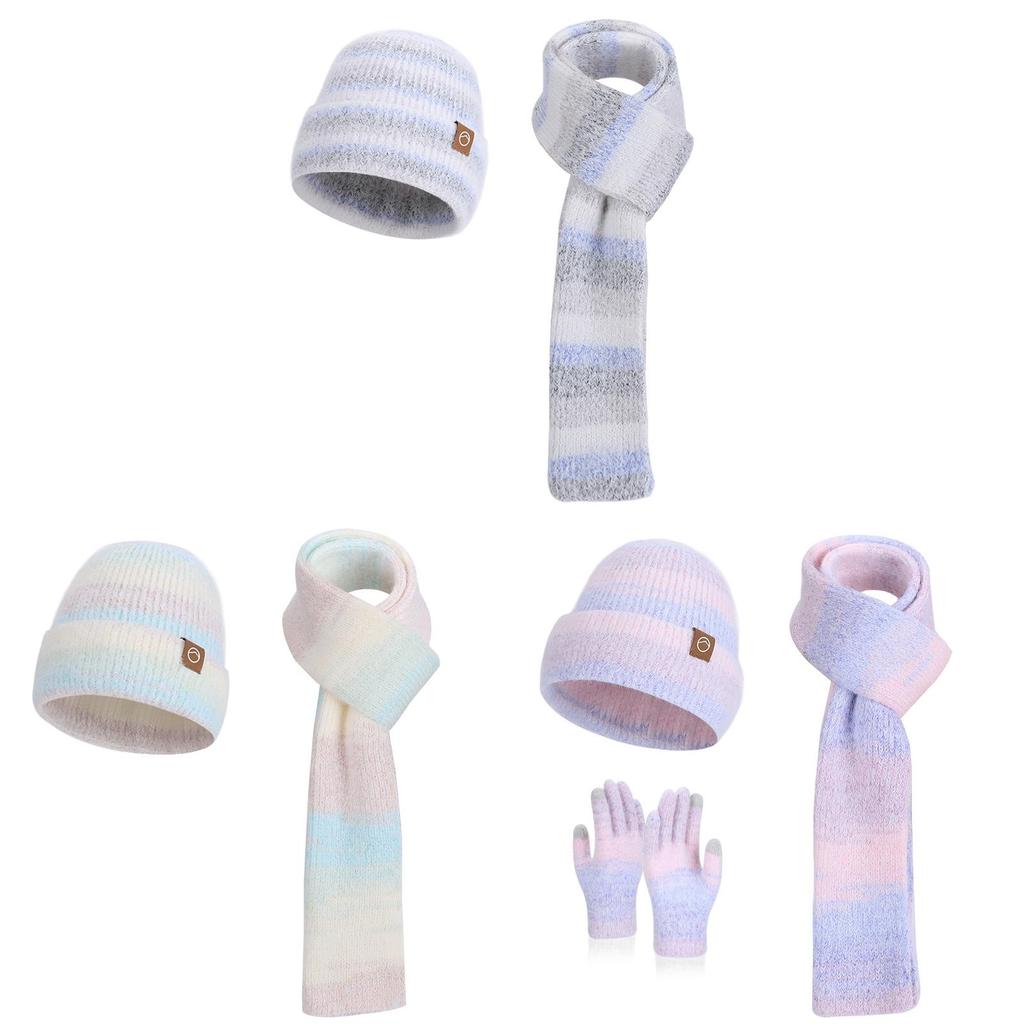 Knitted Hat Scarf Gloves Threepiece Winter Warmth Set For Ladies With Wind Resistance