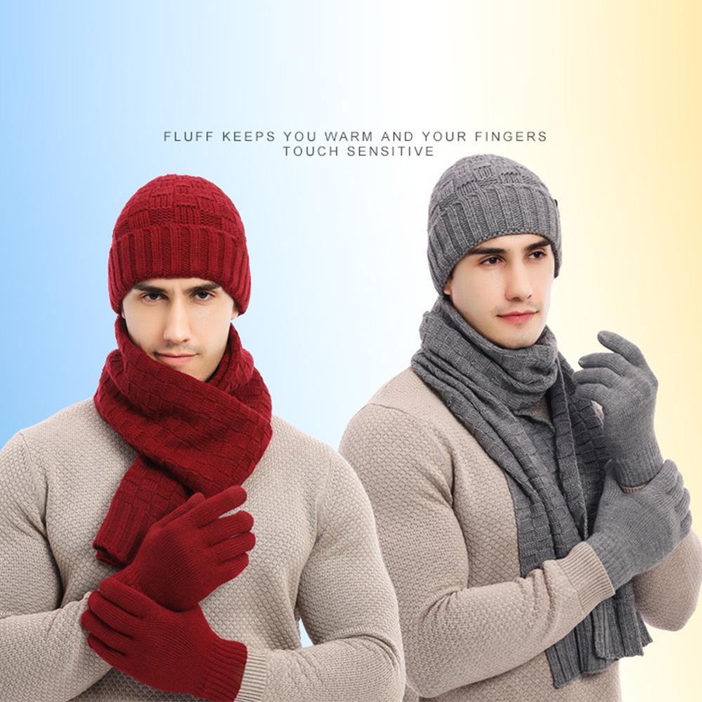 Thickened Beanies Scarf Gloves Set Fleece-lined Touchscreen Gloves 3 in 1 Set  for Cold Weather