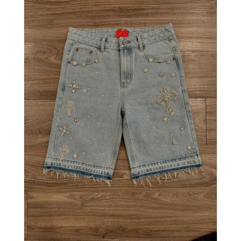 High Street Hip Hop Rhinestone Cross Straight Denim Knee Length Shorts