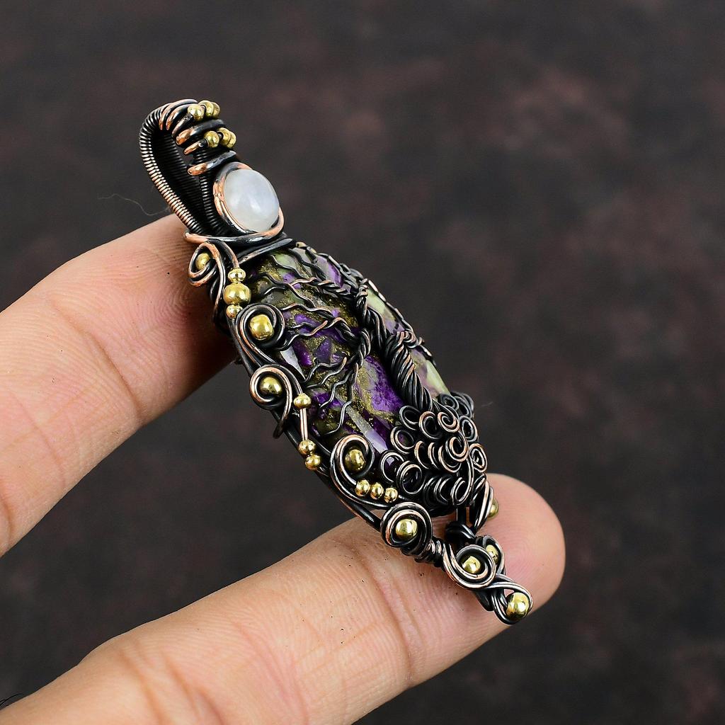 Tree Of Life Copper Purpurite Pendant Copper Wire Wrapped Rainbow Moonstone Pendant Handmade Jewelry Gemstone Pendant Copper Jewelry For Mom