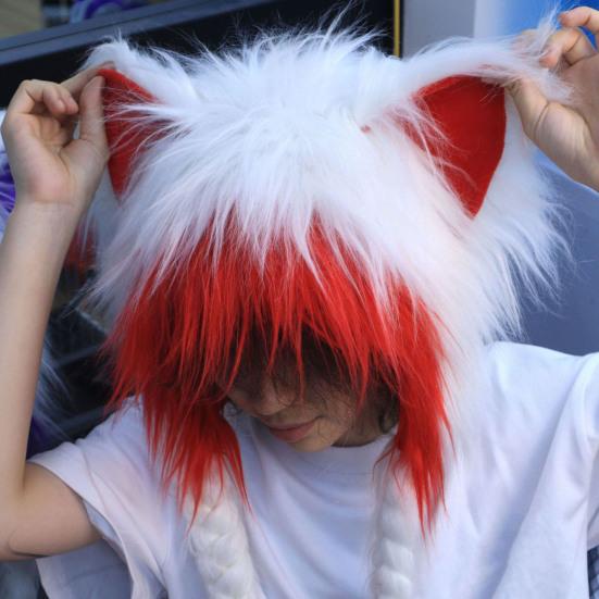 Cat Ear Hat with Braids Double-Layer Ears Decor Soft Plush Anime Cosplay Hat