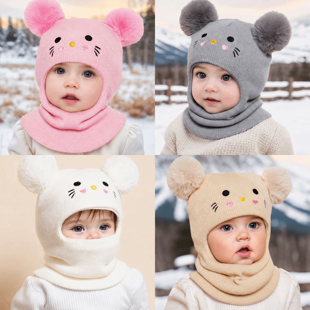 Double Pompom Knit Balaclava Hat Windproof Full Face Neck Cover Ear Protection Caps Autumn Winter