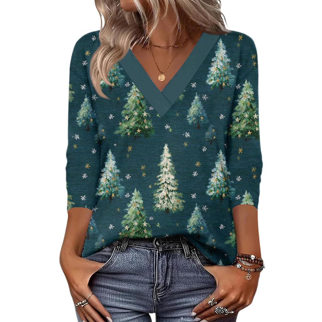 Women's Loose Comfortable Casual Fashion V-Neck Christmas Print 3/4 Sleeve Top