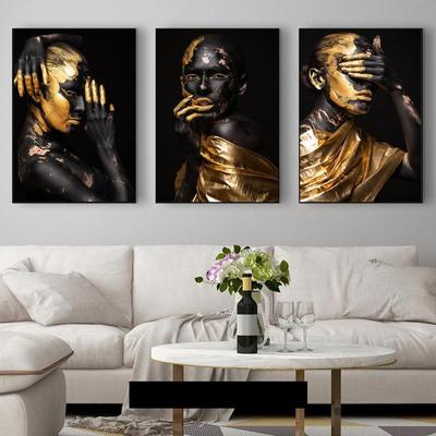 Trucco dorato Donne nere Pittura su tela Modello africano Ragazza Poster e stampe Immagini astratte di arte della parete per la decorazione del soggiorno