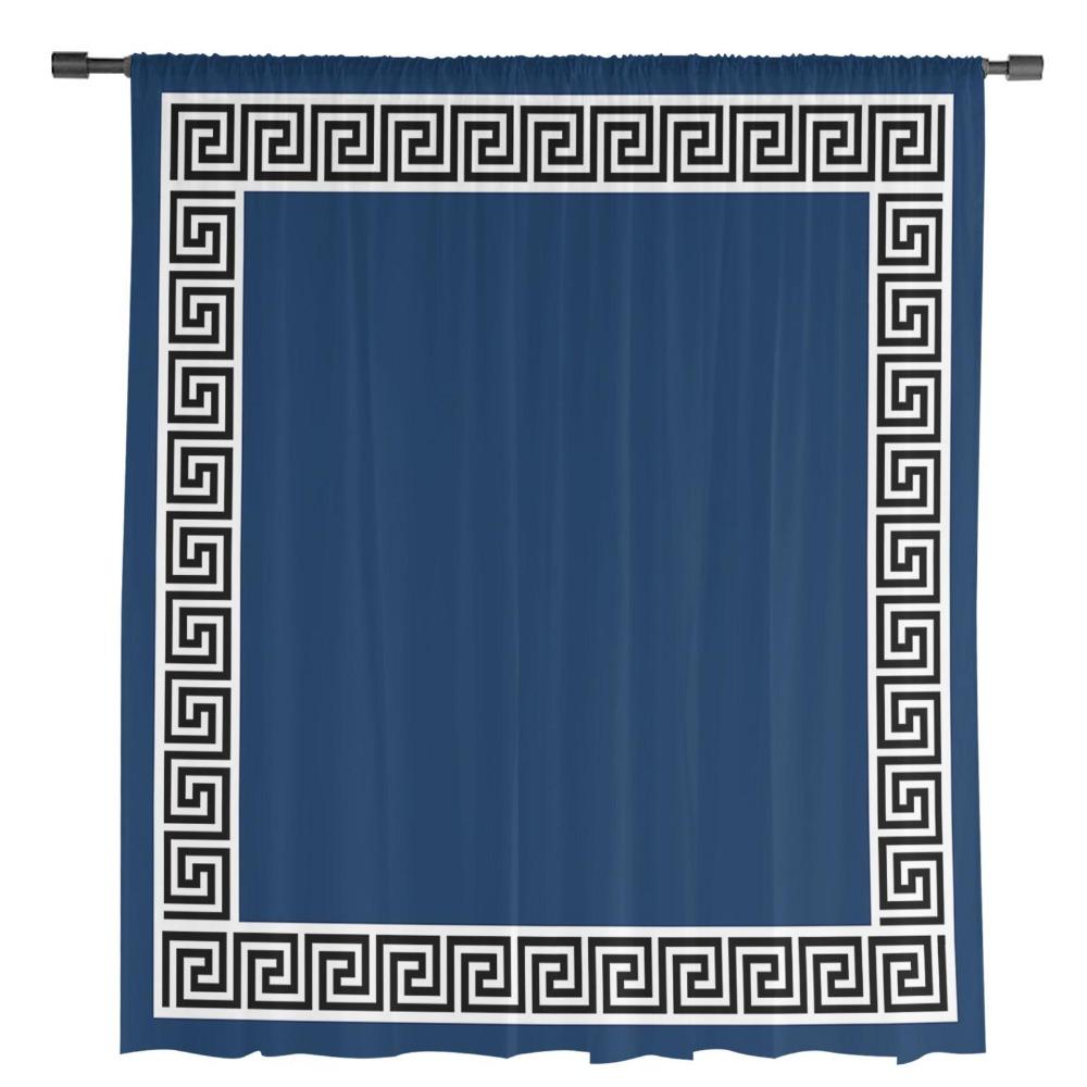 Navy Blue Simple Chinese Style Geometric Sheer Curtains for Living Room Decoration Window Curtains Kitchen Tulle Voile Curtains