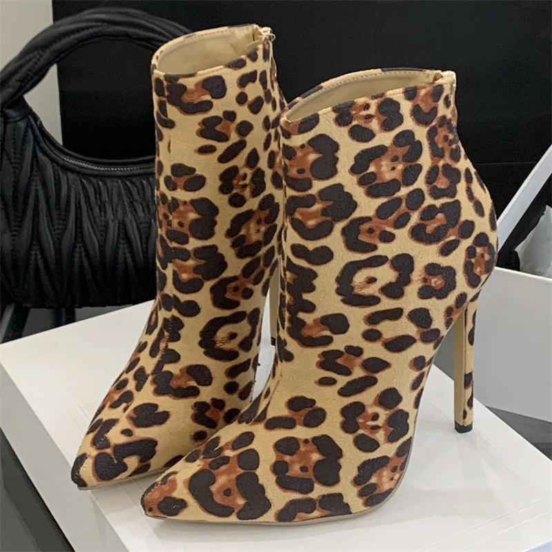 

Eilyken Designer Leopard Print Pointed Toe Ankle Boots Women Zipper Shoes Punk Style Thin High Heels Stripper Short Booties 42 цветной печати леопарда
