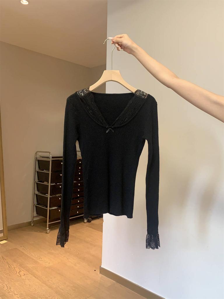 Spring Christmas red lace collar knitted bottoming shirt women's beautiful slim-fitting inner top pure desire wind sweater