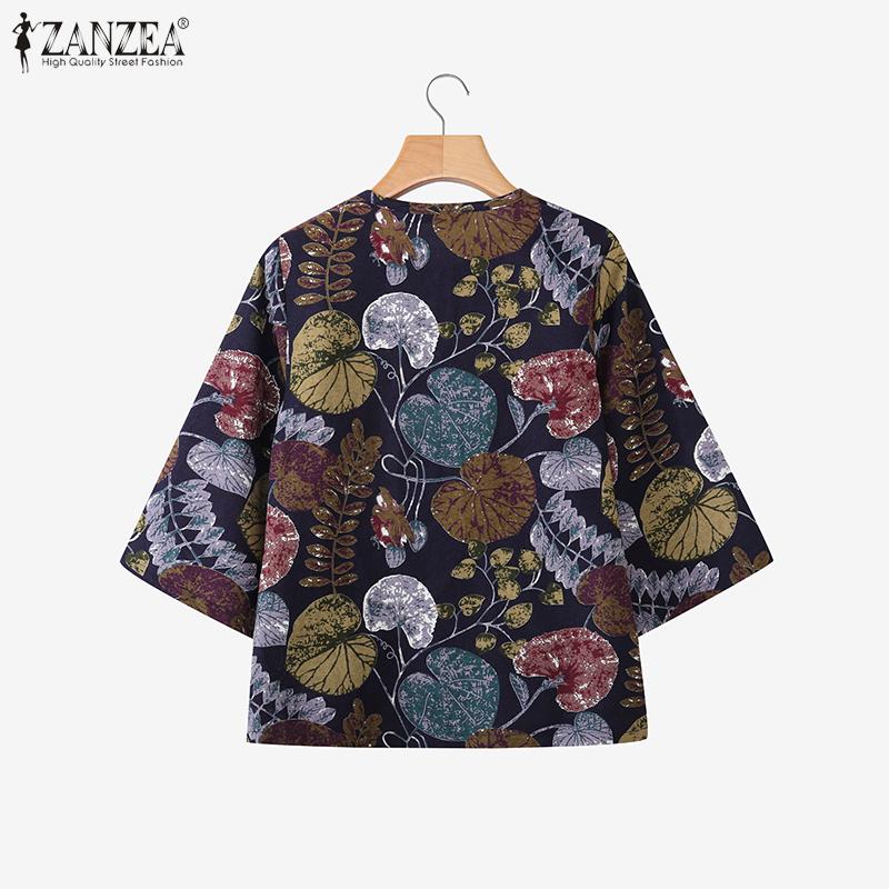 ZANZEA Women Casual Round Neck Loose 3/4 Sleeve Print Cotton Blouse