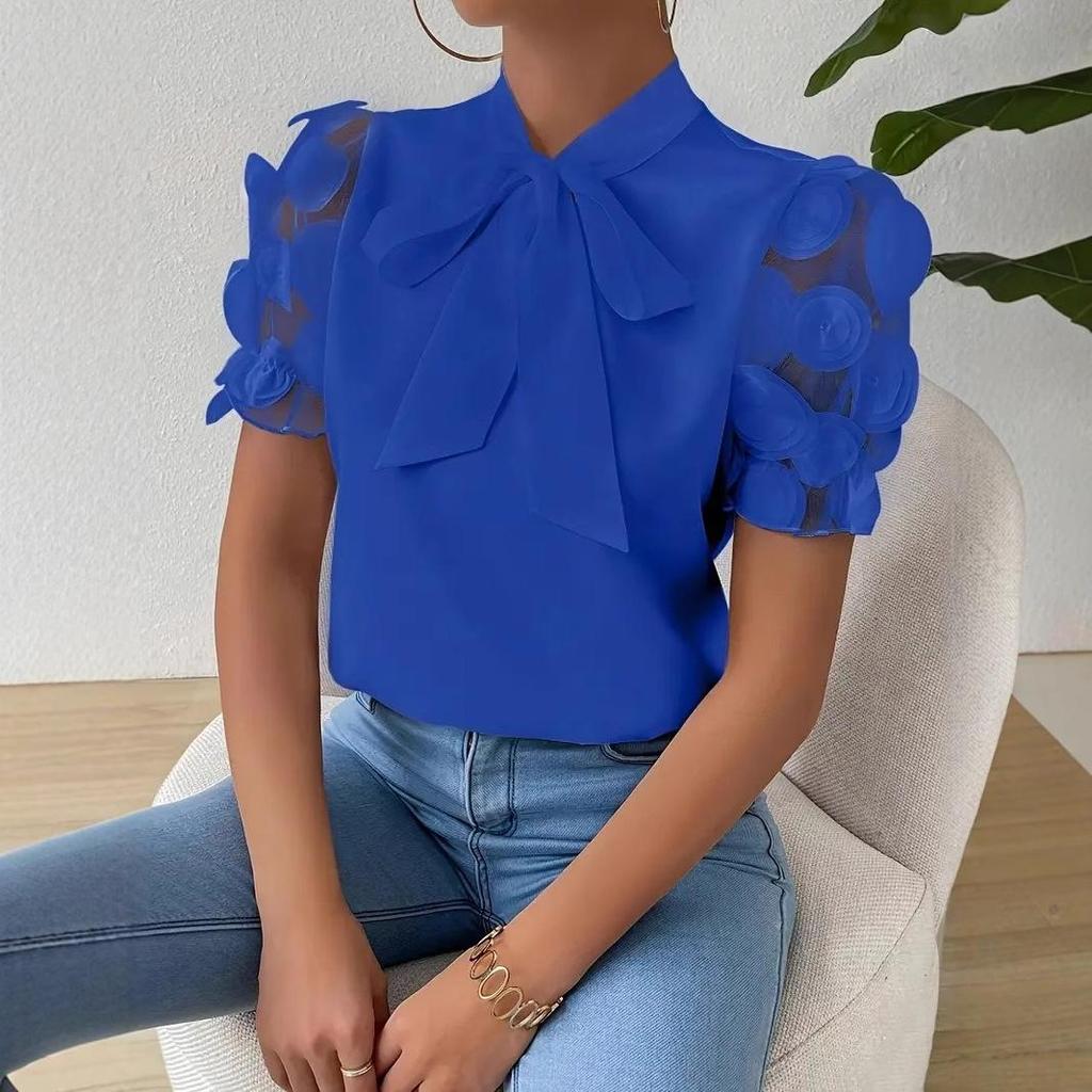 Women's Summer Bow Tie Neck Satin Blouse 3D Floral Mesh Short Sleeve Solid Color Elegant Commuter Office Casual Shirt Top