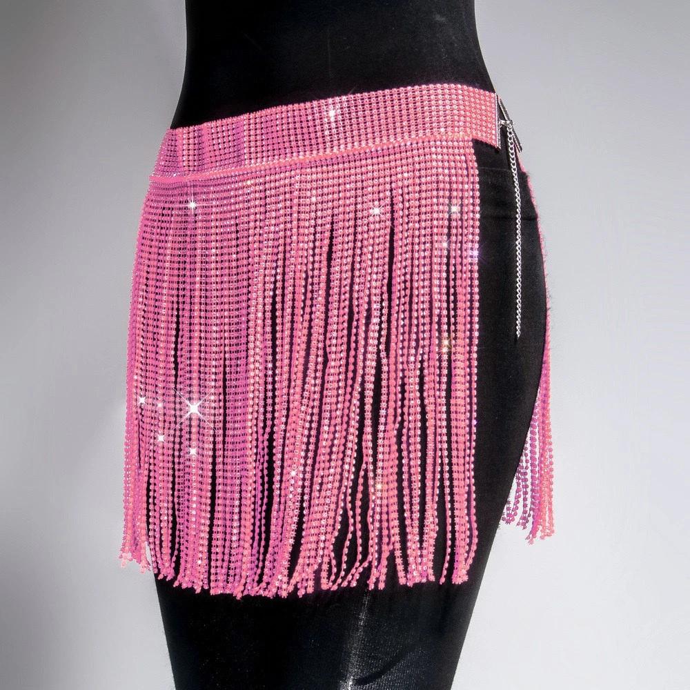 Glitzer Partykleid Polierter Tanzclub Rock Strassfransenrock Premium Taillenkette Zubehör für Ausgehen Abendgarderobe
