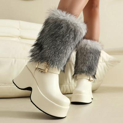 Winter Snow Boots Women's Mid Calf Platform Boots with Warm Fur 2024 Punk Style Leather Wedges Shoes