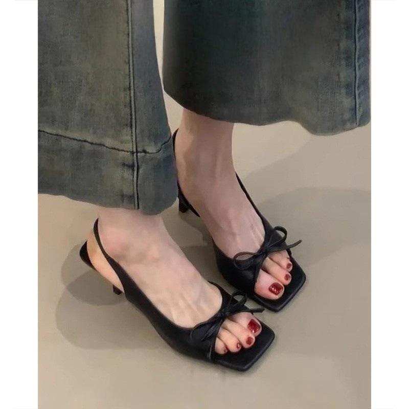 Square head bow open-toed sandals women's new rear strap stiletto high heels