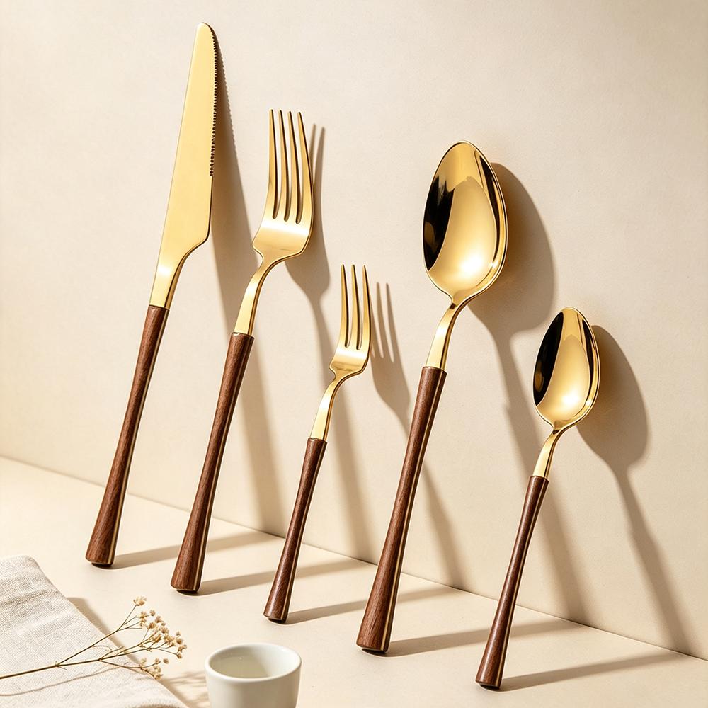 5Pcs Imitation Wooden Handle Dinnerware Cutlery Set Stainless Steel Tableware Western Knife Fork Spoons Silverware Flatware