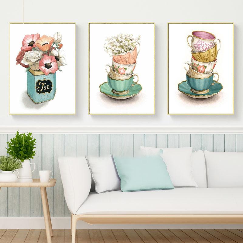 Nordic Vintage Teetassen Blume Moderne Kunst Leinwand Poster Drucke Malerei Für Küche Esszimmer Wand Dekor Bilder Wohnkultur