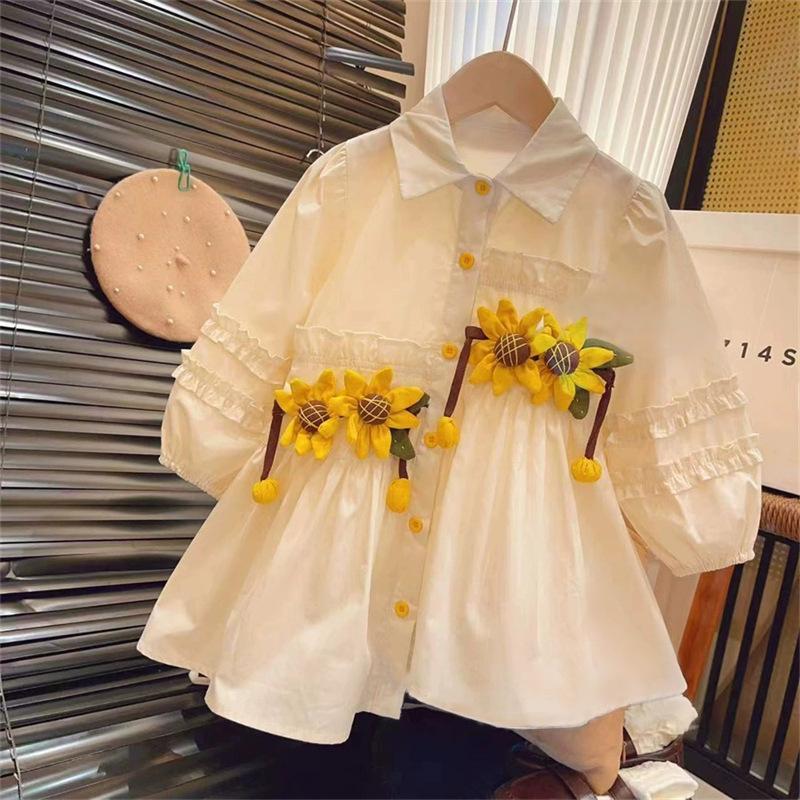 Girls Spring Summer Floral Shirt Dress Cute Princess Baby Girl Cotton Blend Casual Party Dress For Toddler Kids 90cm