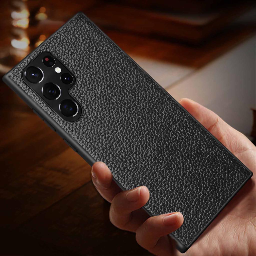 For Samsung Galaxy S25 Ultra Case Litchi Texture Genuine Leather Coated PC + TPU Phone Back Cover