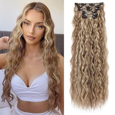 Synthetic Long Corn Curly 6-Piece Clip Type Water Curly Wigs Extension Heat Resistant Fiber Fake Hairpiece For Women