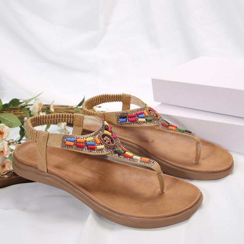 Large Size Sandals Women's New Flat-bottomed Pinch Feet Retro Casual Beaded Bohemian Shoes