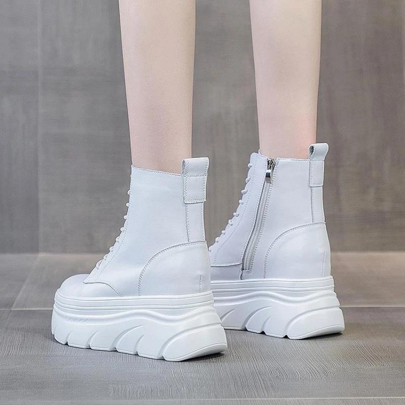 Fashion 2025 Women White Ankle Boots Increase Height Thick Sole Winter Outdoor Leisure Shoes For Girls Spring Autumn Motorcycle Booties