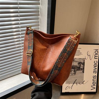 Vintage Solid Color PU Leather Women Fashion Shoulder Sling Bag Simple Wide Strap Bucket Crossbody Bag