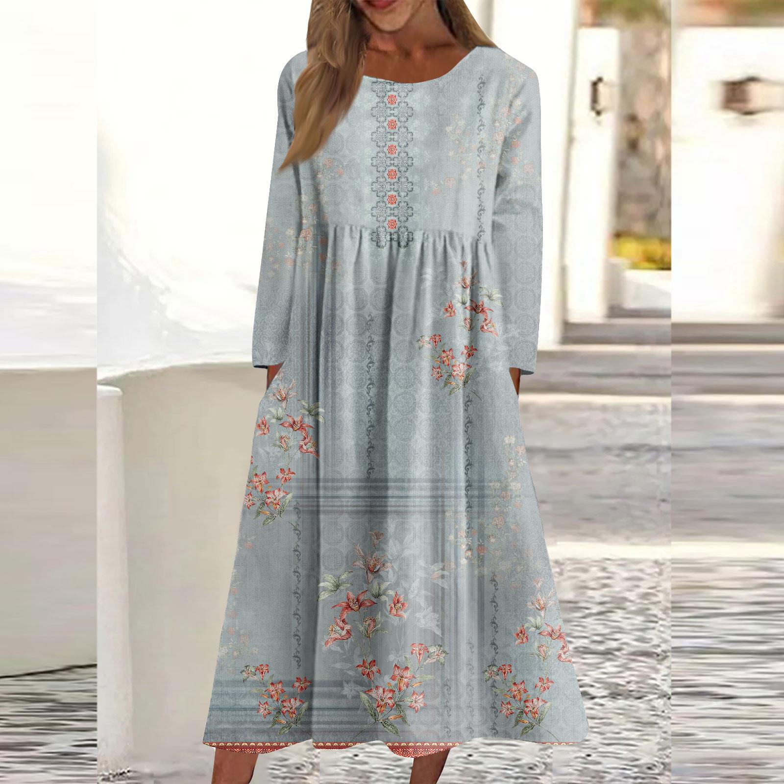 Женское повседневное платье средней длины с круглым вырезом и принтом — фото 9