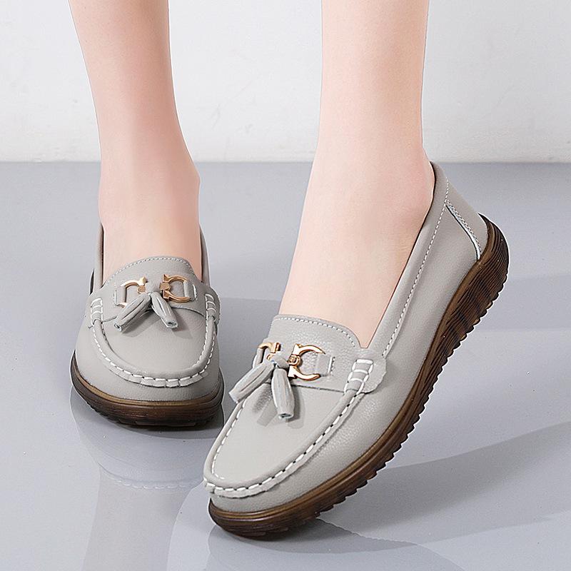 Spring and Summer Women's Single Shoes Cowhide Shallow Mouth Fringed Casual Mother Shoes Overfitting Wedge Heel Leather Shoes