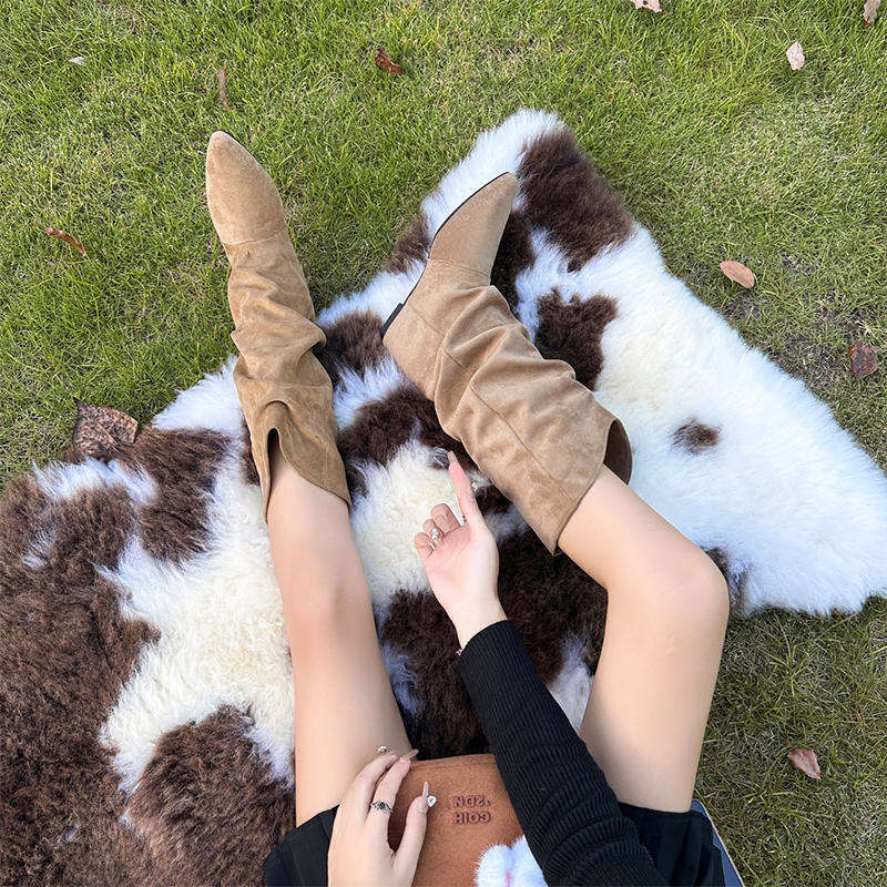 Inner Heightening Suede Pleated Stacking Boots Women's Autumn and Winter New Pointed Western Cowboy Boots Lapel Mid Boots Women's