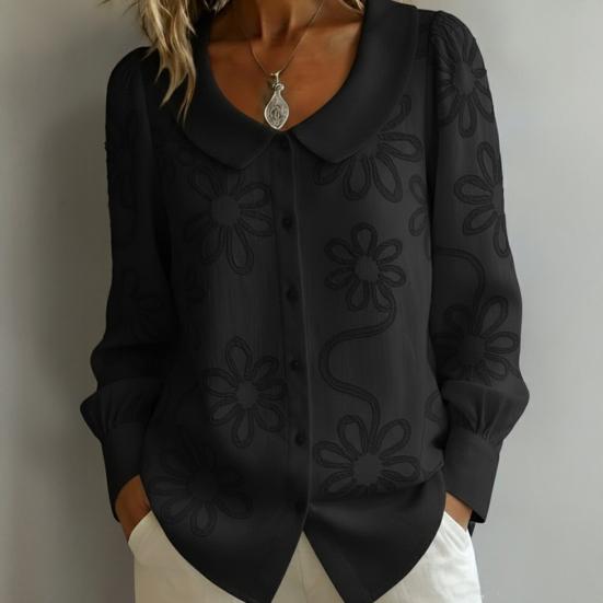 Women Shirt Loose Fit Doll Collar Long Sleeve Buttons Placket Shirt Tops Embroidery Flower Jacquard Pattern Loose Fit Shirt
