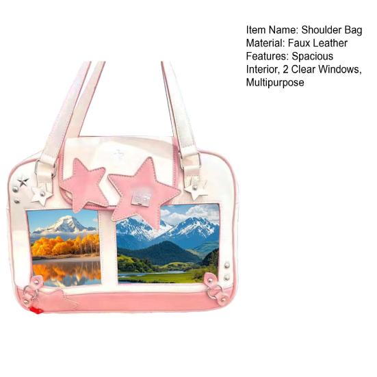 Kawaii Ita Bag Shoulder Bag with Clear Windows Anime Pin Display Bag Doll Badge Display Tote Cute Star Handbag Holds 20cm Doll for Cosplay Anime Fairs