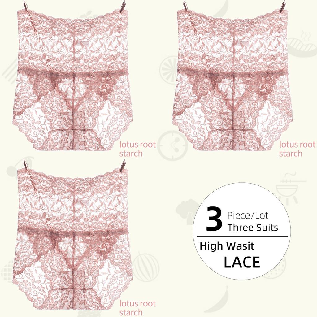 3Pieces/Lot High Waist Light Sexy Elastic Lace Women's Panties, Pure Cotton Crotch Comfortable Non-marking Breathable Lightweight Underwear Briefs