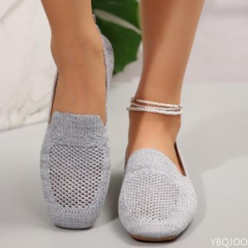 Fashion Flat bottomed shallow mouth casual shoes solid color square toe women's soft sole knitted casual simple comfortable single shoes