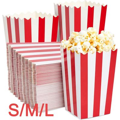 25 ks Papírové krabičky na popcorn Kbelíčky Červeno-bílé pruhy Sáčky Nádoby na svačinu pro filmový večer Narozeniny Karnevalové párty potřeby