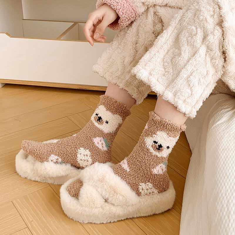 Fashion Coral Fleece Women Socks Warm Home Floor Socks Cartoon Strawberry Bear Socks Plush Mid Tube Sleep Socks