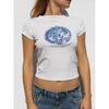 2025 Summer Pure Cotton Rubik's Cube Earth American Sexy Shoulder T-shirt Women's Round Neck Print Short Sleeve Silm Tops
