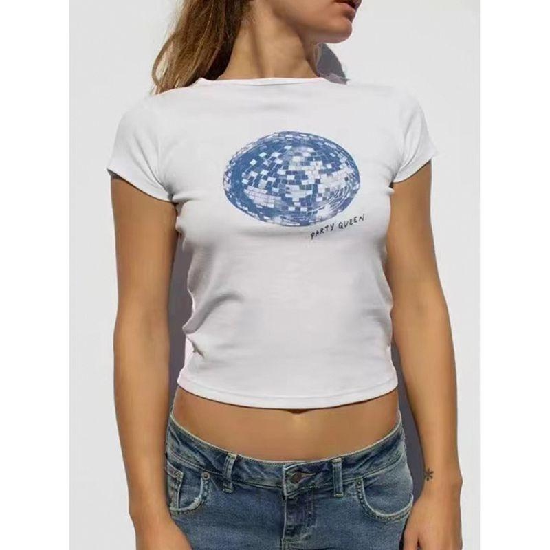 2025 Summer Pure Cotton Rubik's Cube Earth American Sexy Shoulder T-shirt Women's Round Neck Print Short Sleeve Silm Tops