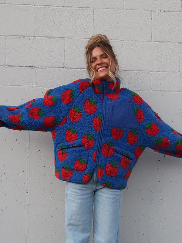 Autumn/Winter Stand Collar Shearling Print Jacket Versatile Oversized Casual Zip-Up Hoodie