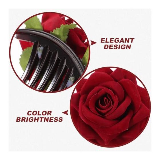 Lurrose Red Hair Clips Set of 4, Bridal Wedding Hair Accessories, Bride Hair Ornaments, Lightweight 43G, Kanzashi-style Hairpins, Realistic Rose