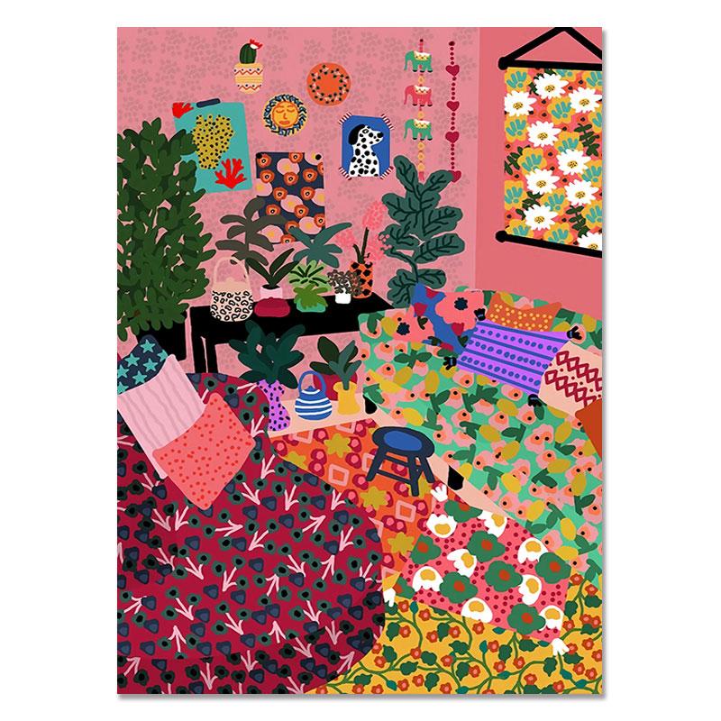 Abstract Fashion Vintage Girl Plant Dog Wall Art Canvas Painting Nordic Posters And Prints Wall Pictures For Living Room Decor